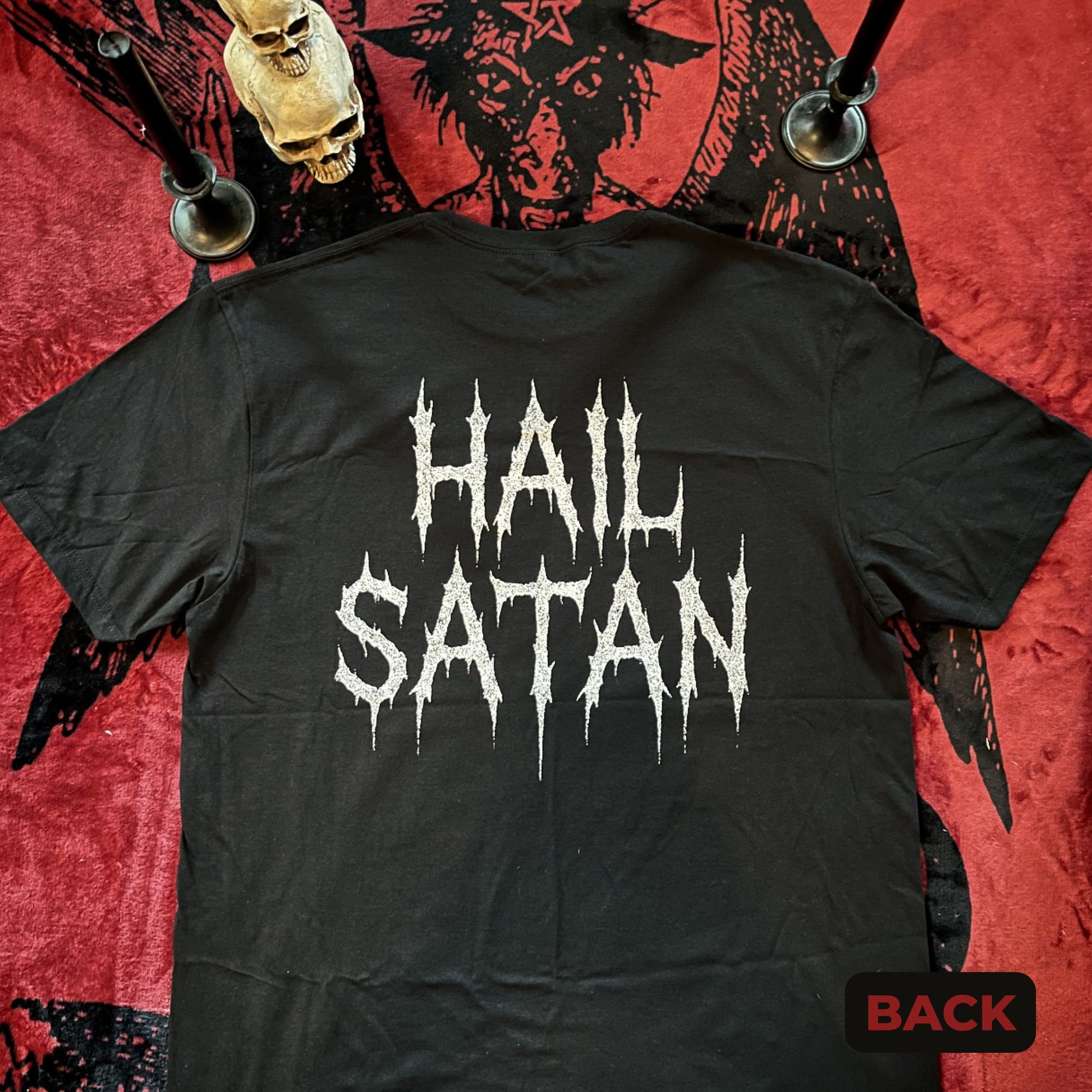 Back of Pentagram tee showcases "Hail Satan" text in gothic white print.