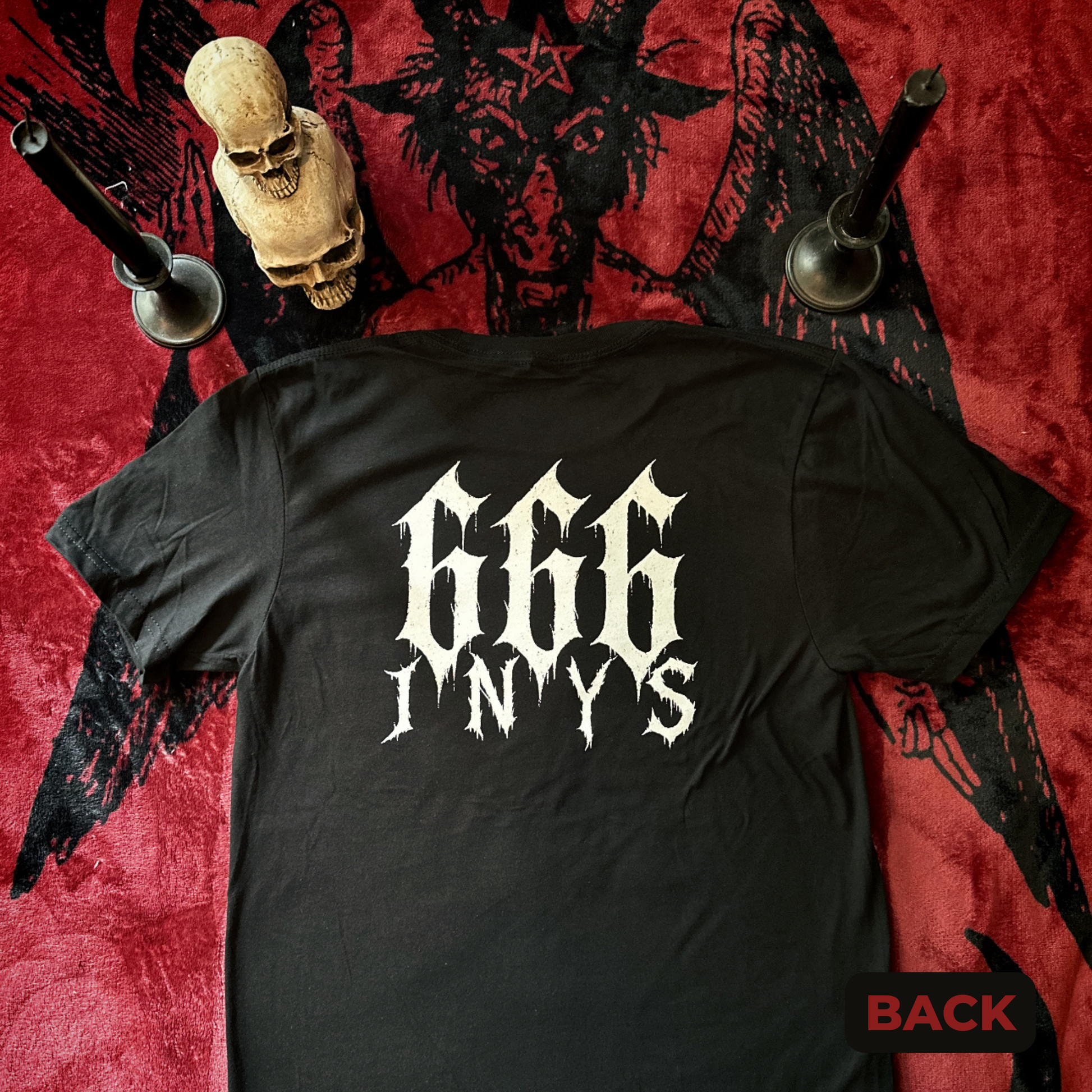 Back of tee features "666 INYS" in white gothic text.