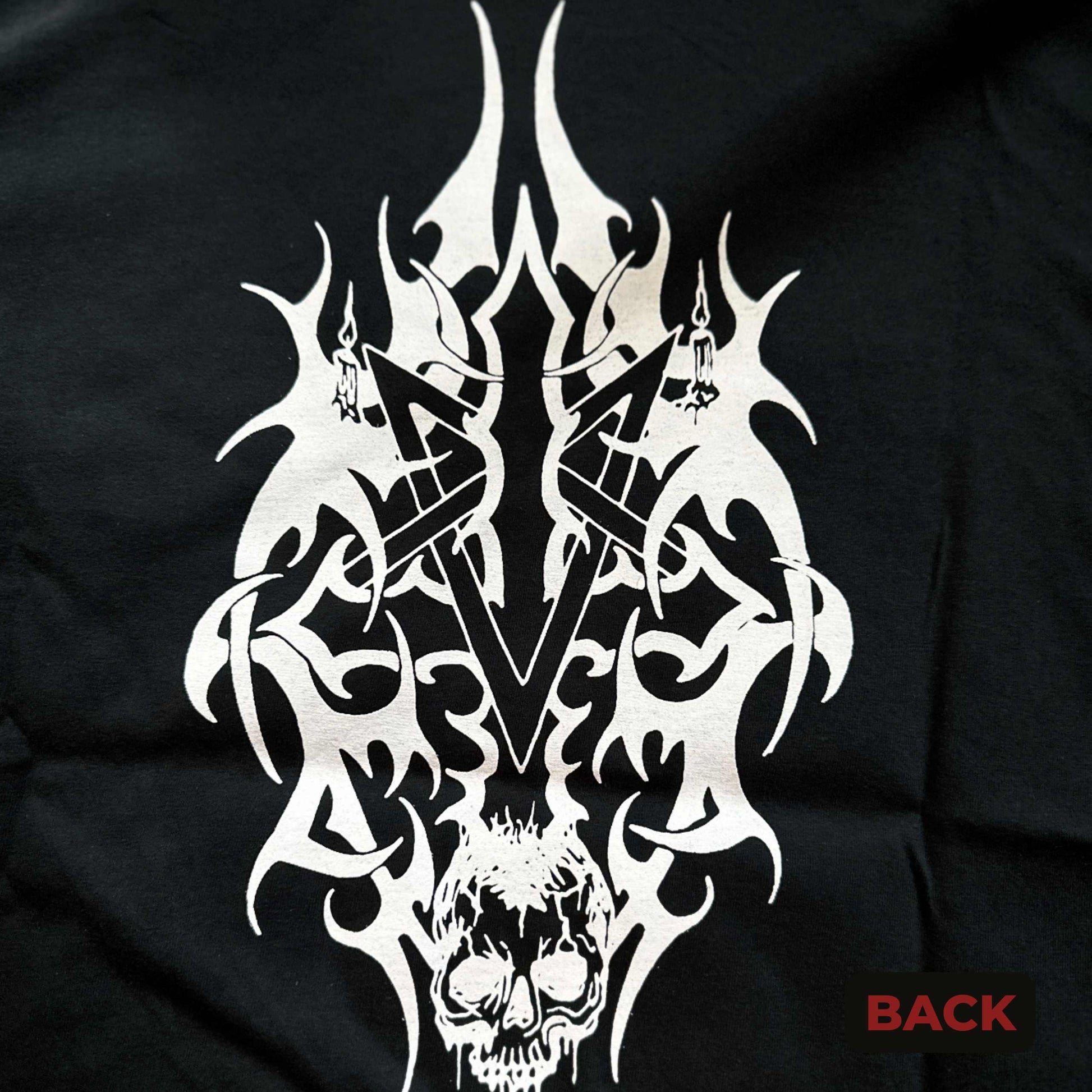 Black t-shirt with white tribal design and skull on the back