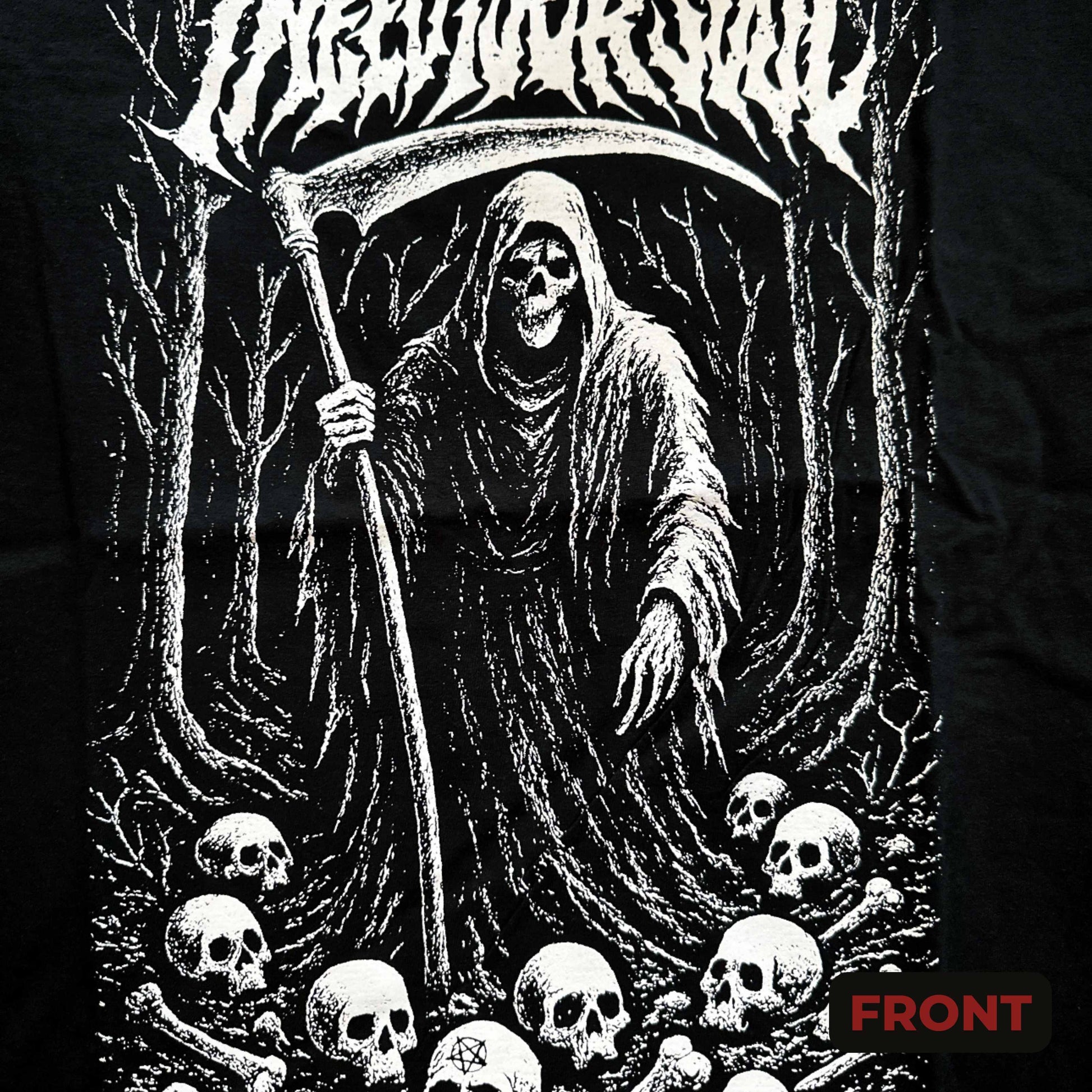 T-shirt with a graphic of a skeleton holding a scythe and surrounded by skulls and bones, with 'Black Metal' text at the top.