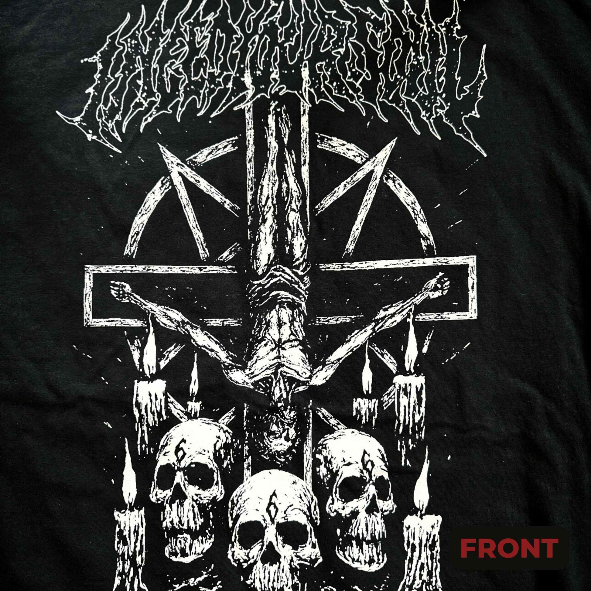 Black t-shirt with white graphic design featuring a cross, skulls, and candles on a dark background.