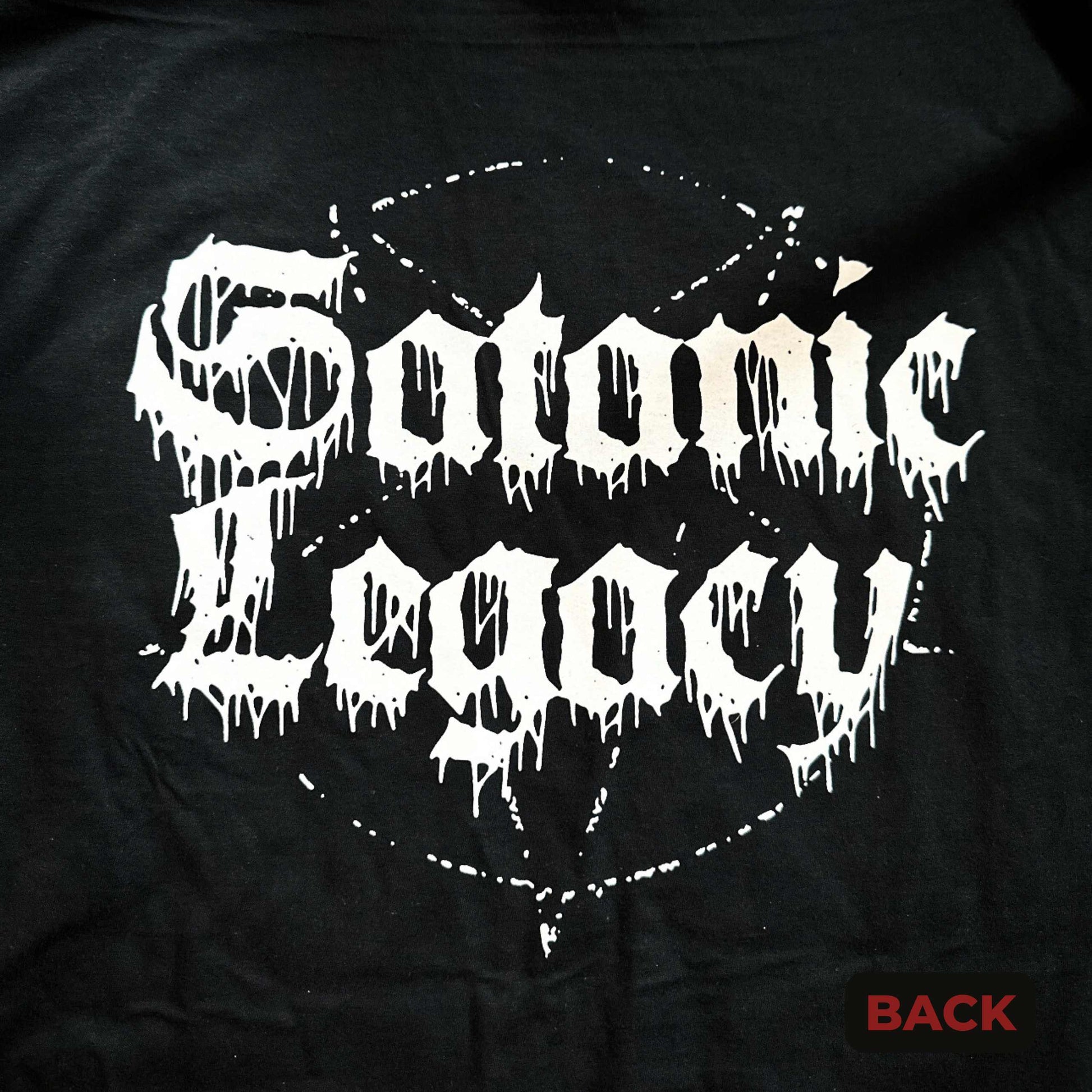 Black t-shirt with 'Satanic Legacy' text in white on a dark background
