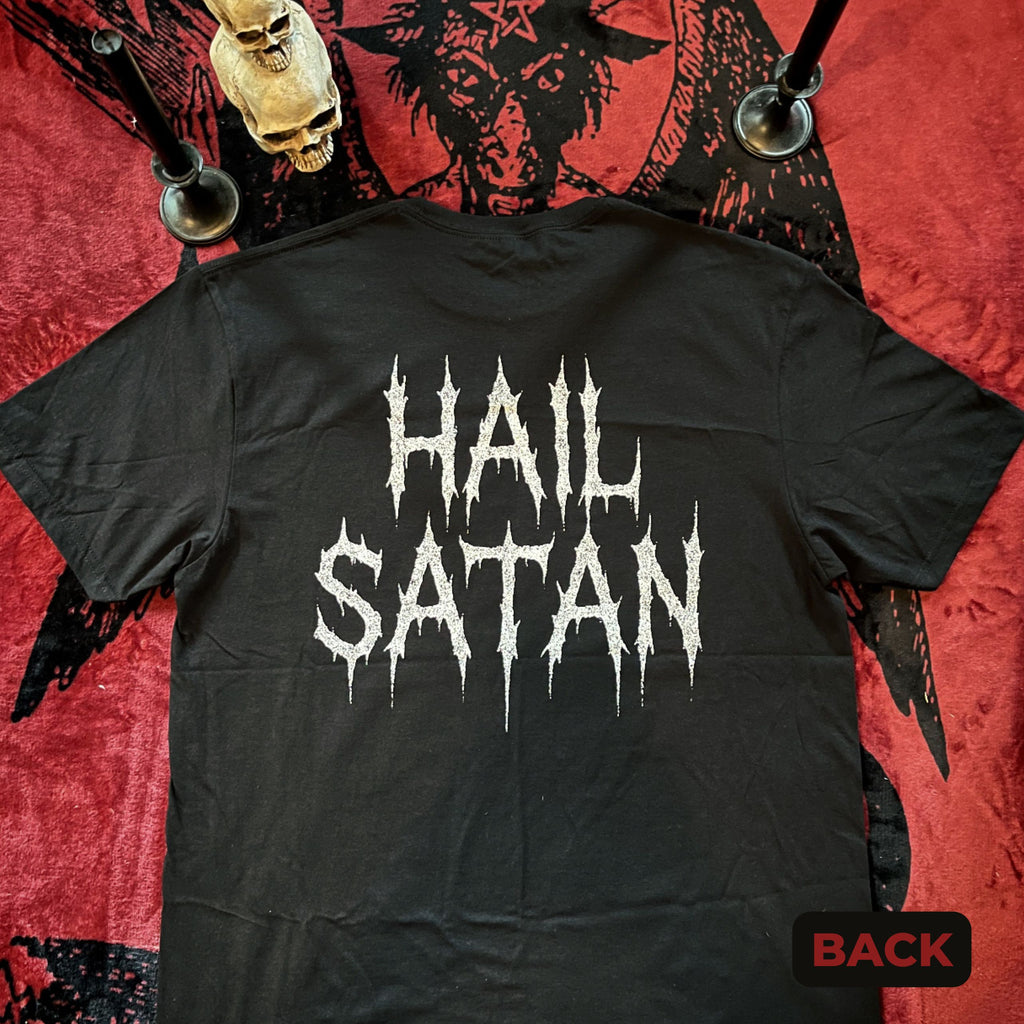 Back of Pentagram tee showcases "Hail Satan" text in gothic white print.