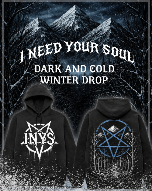 Black hoodie front and back with pentagram graphics on both sides with a cold, dark, winter feel.