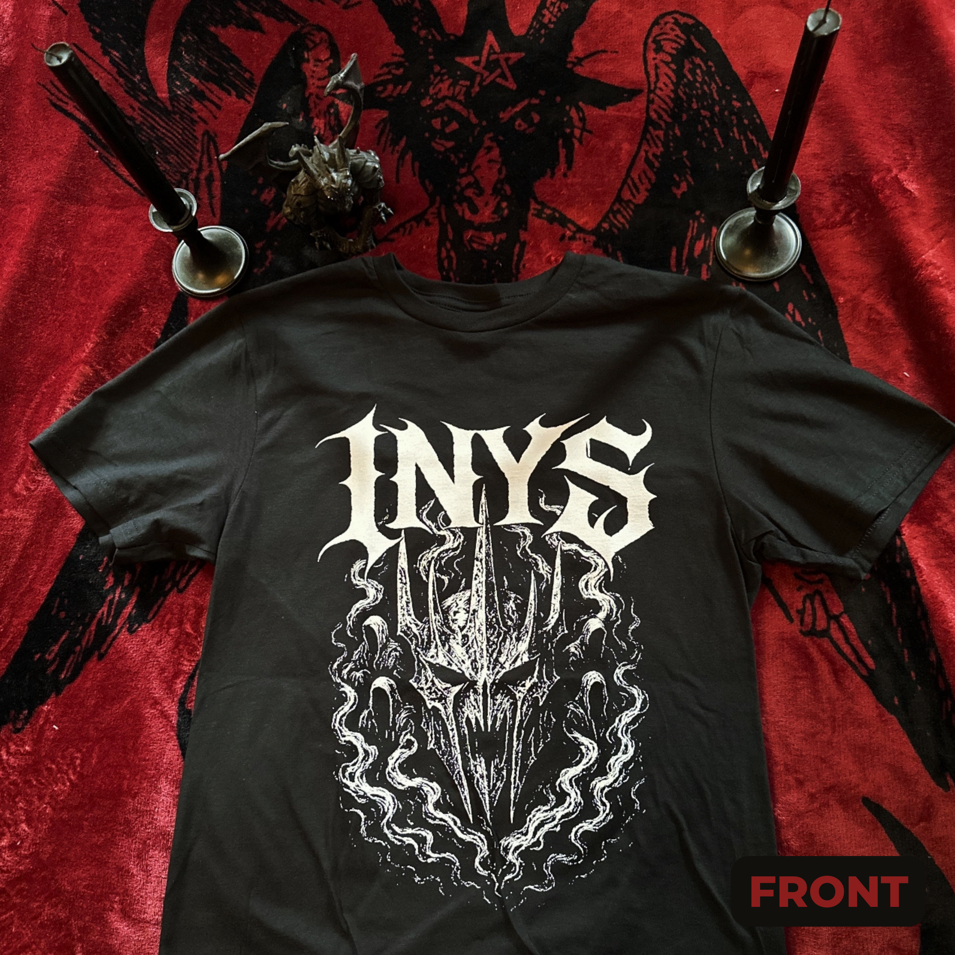 Dark Lord front of shirt with "INYS" white gothic text .