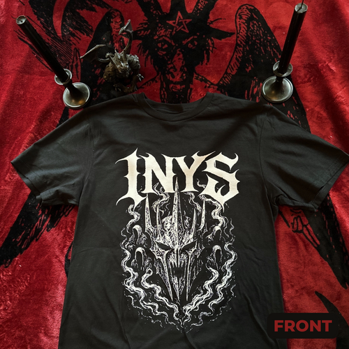 Dark Lord front of shirt with "INYS" white gothic text .