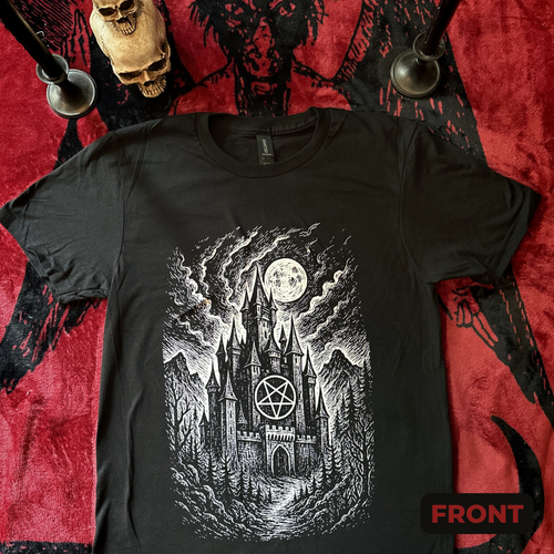 Tee features a white graphic of a gothic style castle with an inverted pentagram below a moon in a dark sky.