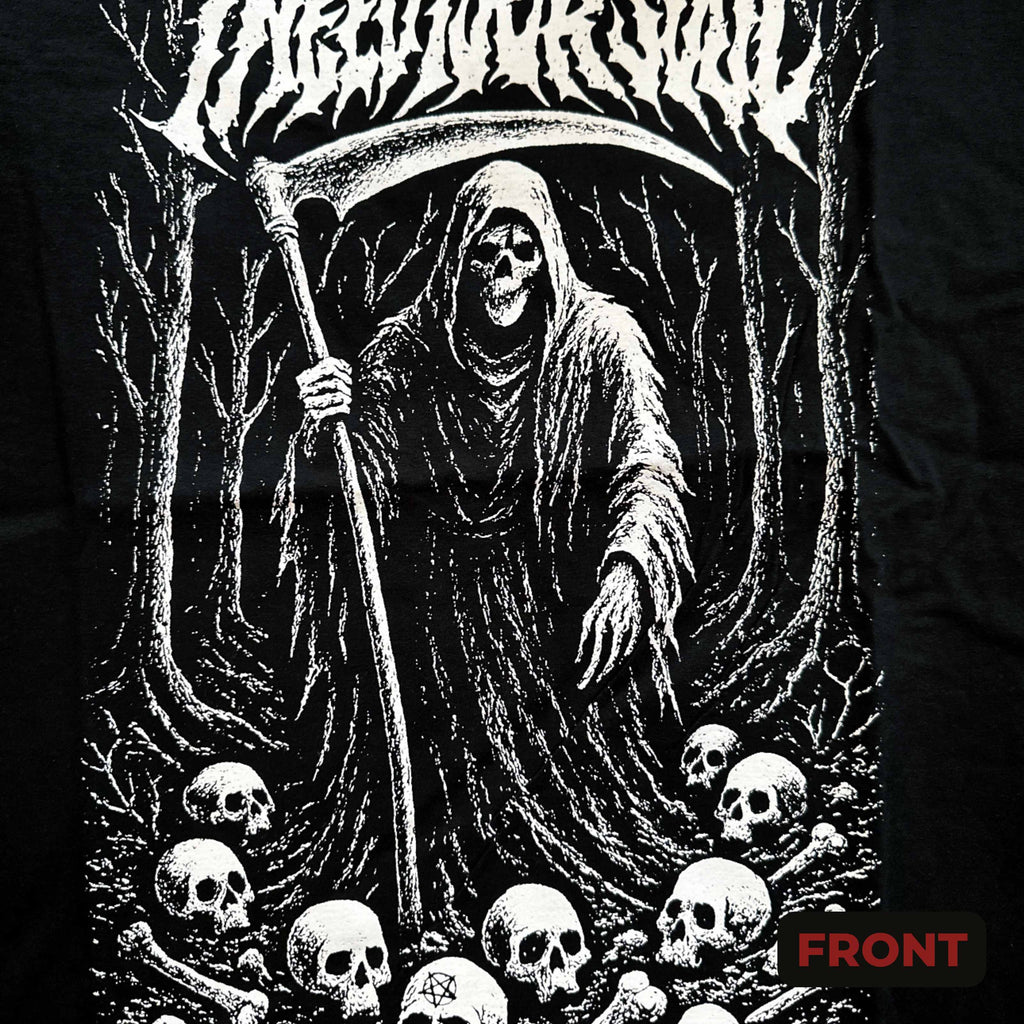 T-shirt with a graphic of a skeleton holding a scythe and surrounded by skulls and bones, with 'Black Metal' text at the top.