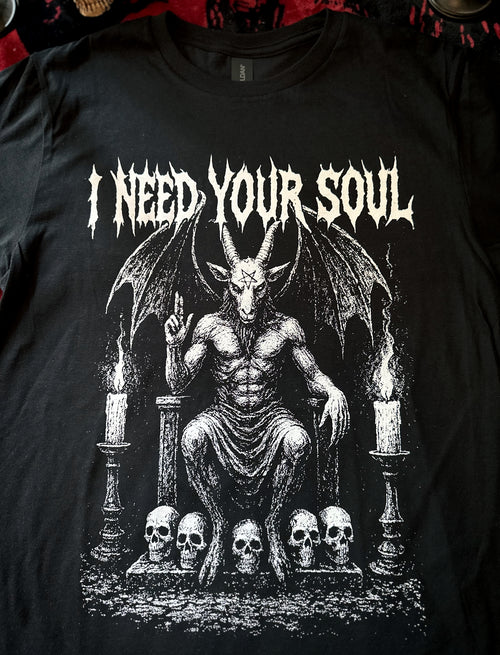 Black t-shirt with a graphic design featuring a satanic figure and text 'I Need Your Soul' on a dark background.