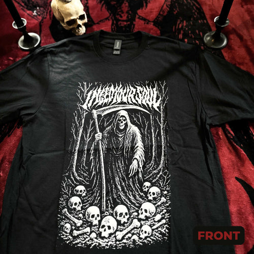 Black long-sleeve shirt with a graphic design of a skeleton holding a scythe and surrounded by skulls on a red fabric background.