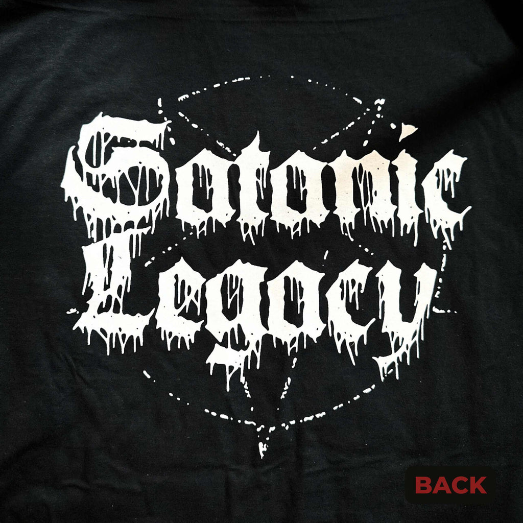 Black t-shirt with 'Satanic Legacy' text in white on a dark background