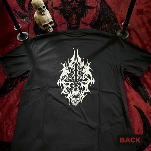 Black t-shirt with white tribal design on a red and black patterned background