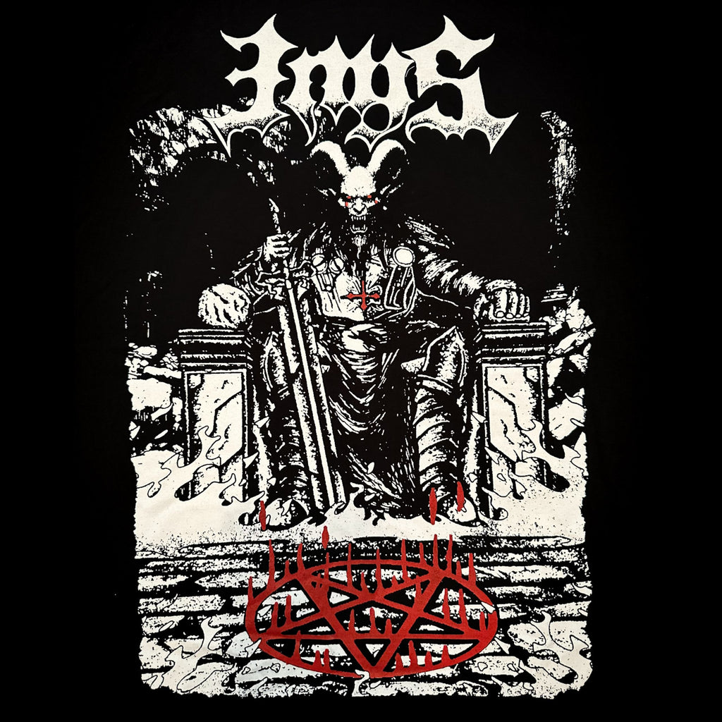 Black shirt with white santanic graphic of demon, INYS gothic lettering and a red pentagram.